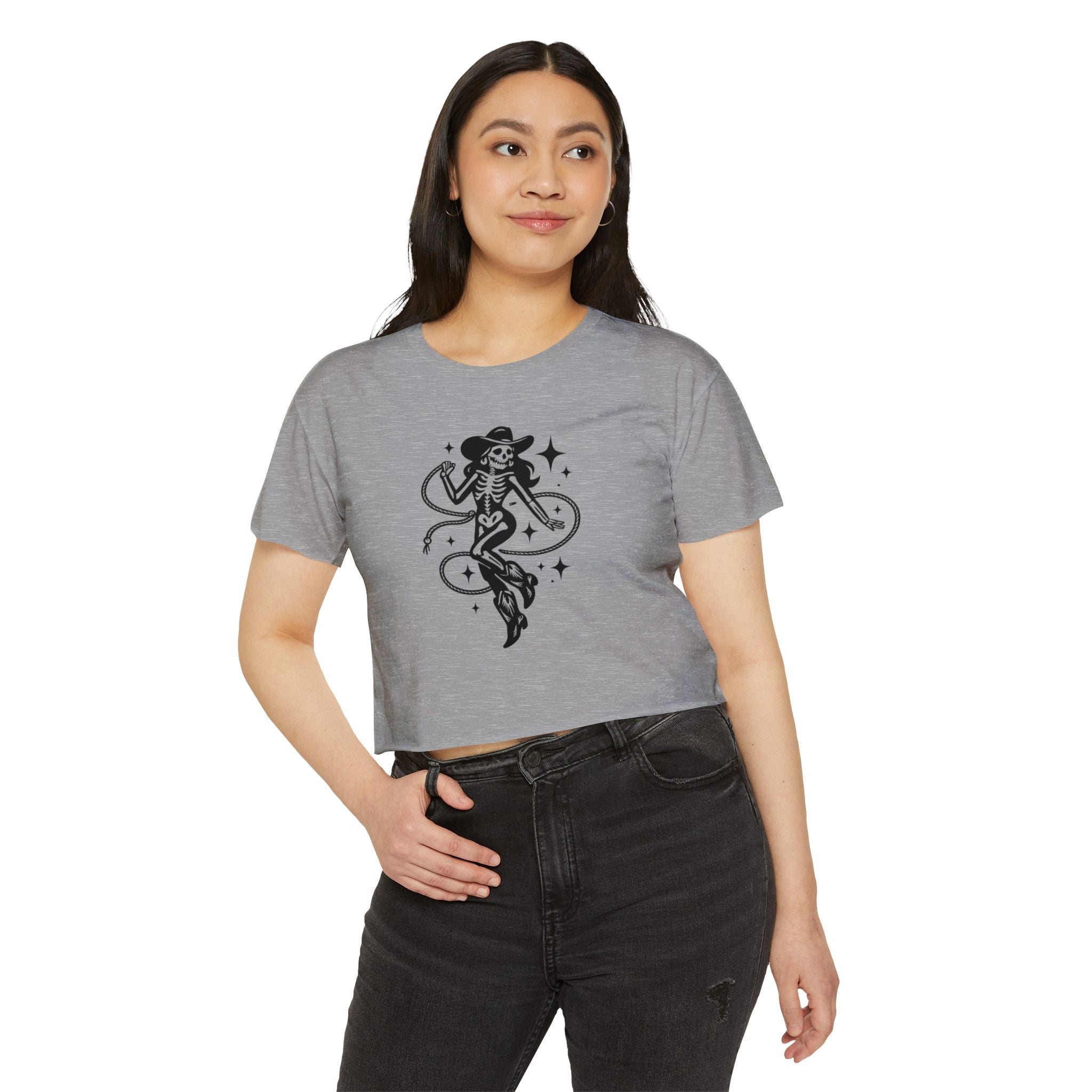Skeleton Cowgirl Crop Top — Retro Western Festival Tee