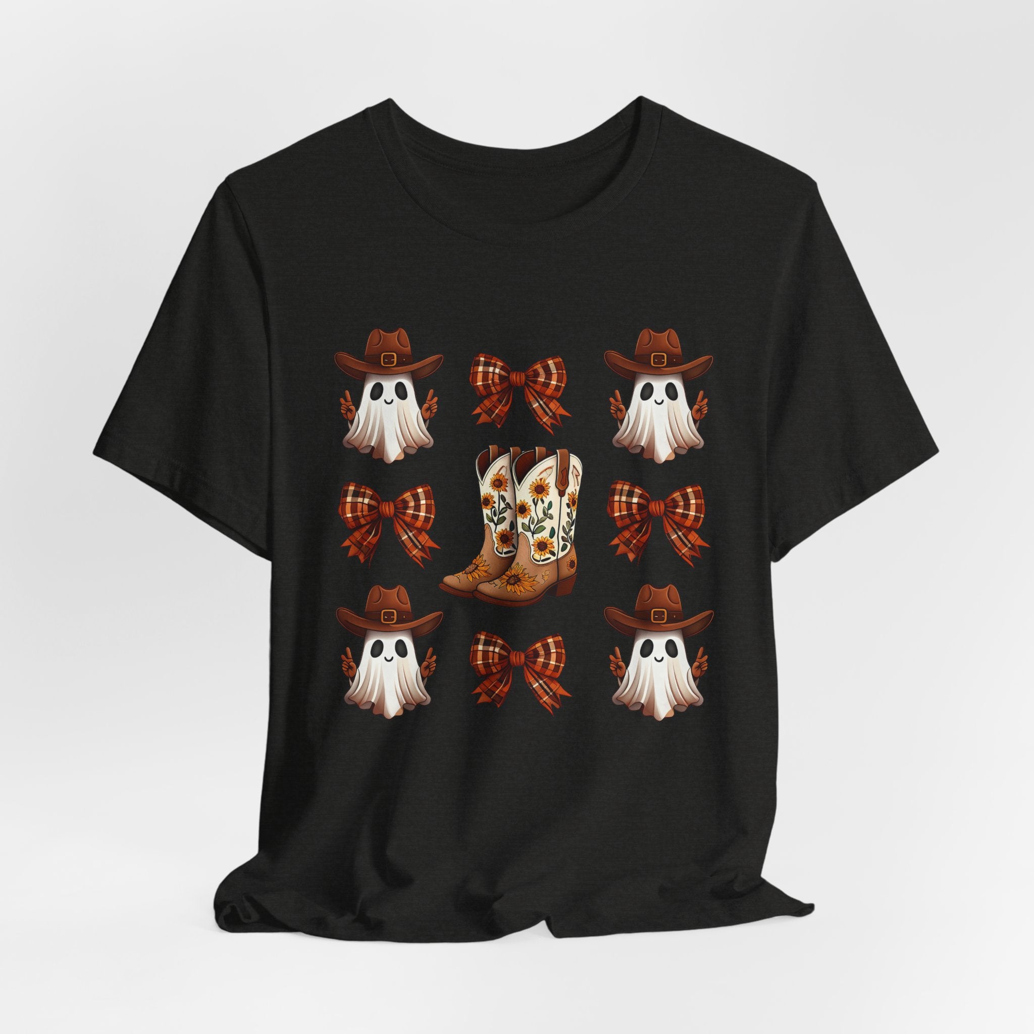 Cowgirl Fall Halloween Tee — Ghosts, Cowboy Boots & Plaid Bows Graphic T-Shirt