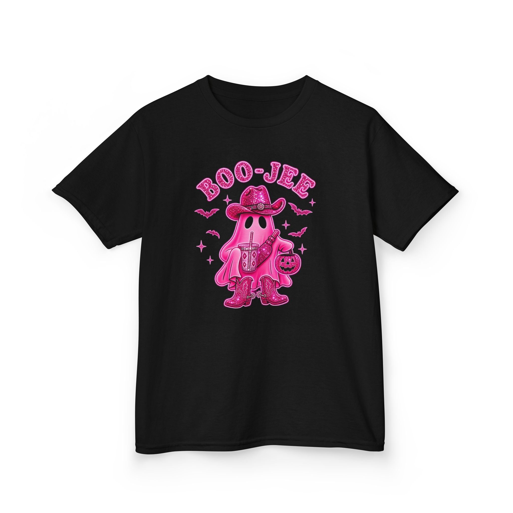 Boo-Jee Hot Pink Cowgirl Kids T-Shirt — Cute Pink Ghost Halloween Tee