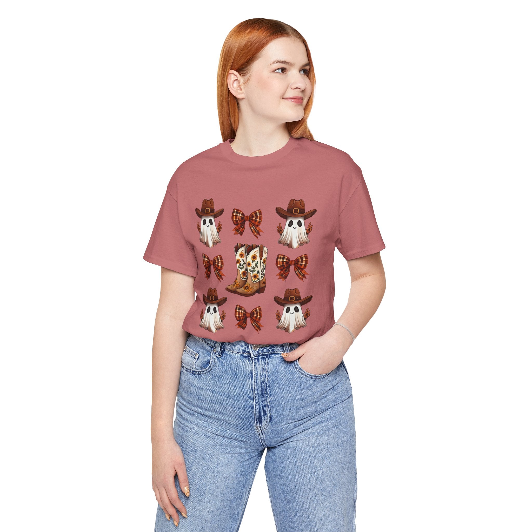Cowgirl Fall Halloween Tee — Ghosts, Cowboy Boots & Plaid Bows Graphic T-Shirt
