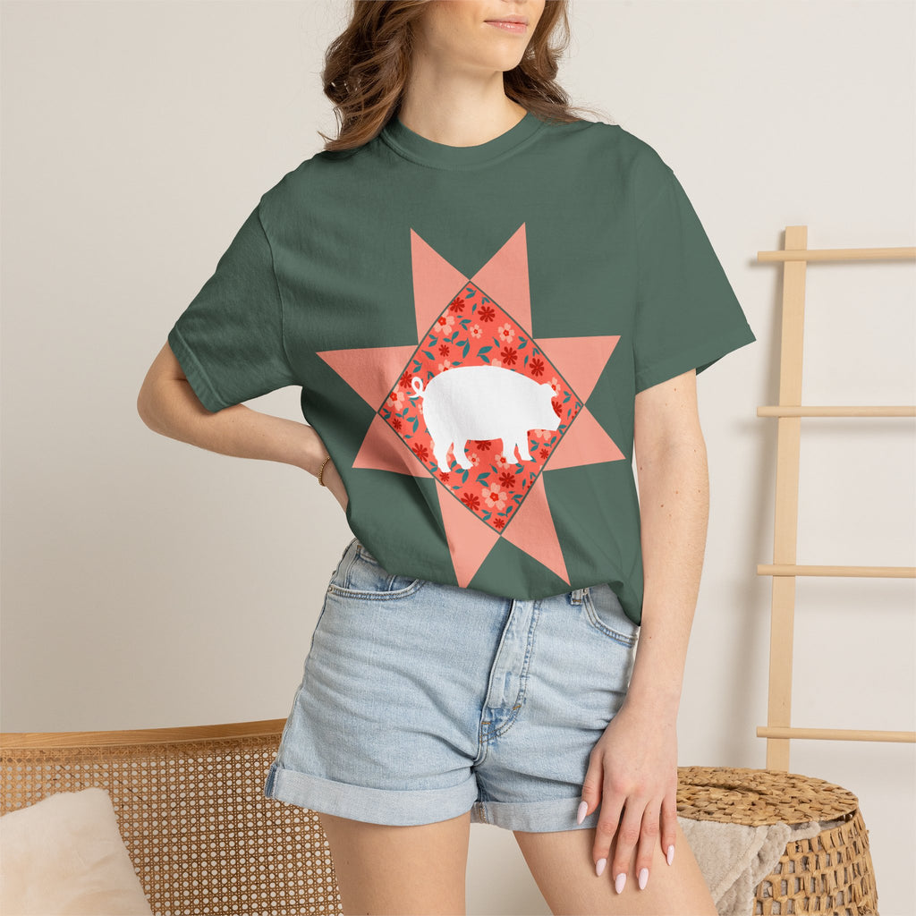Pig Silhouette Star Quilting T-Shirt — Floral Farm Animal Tee