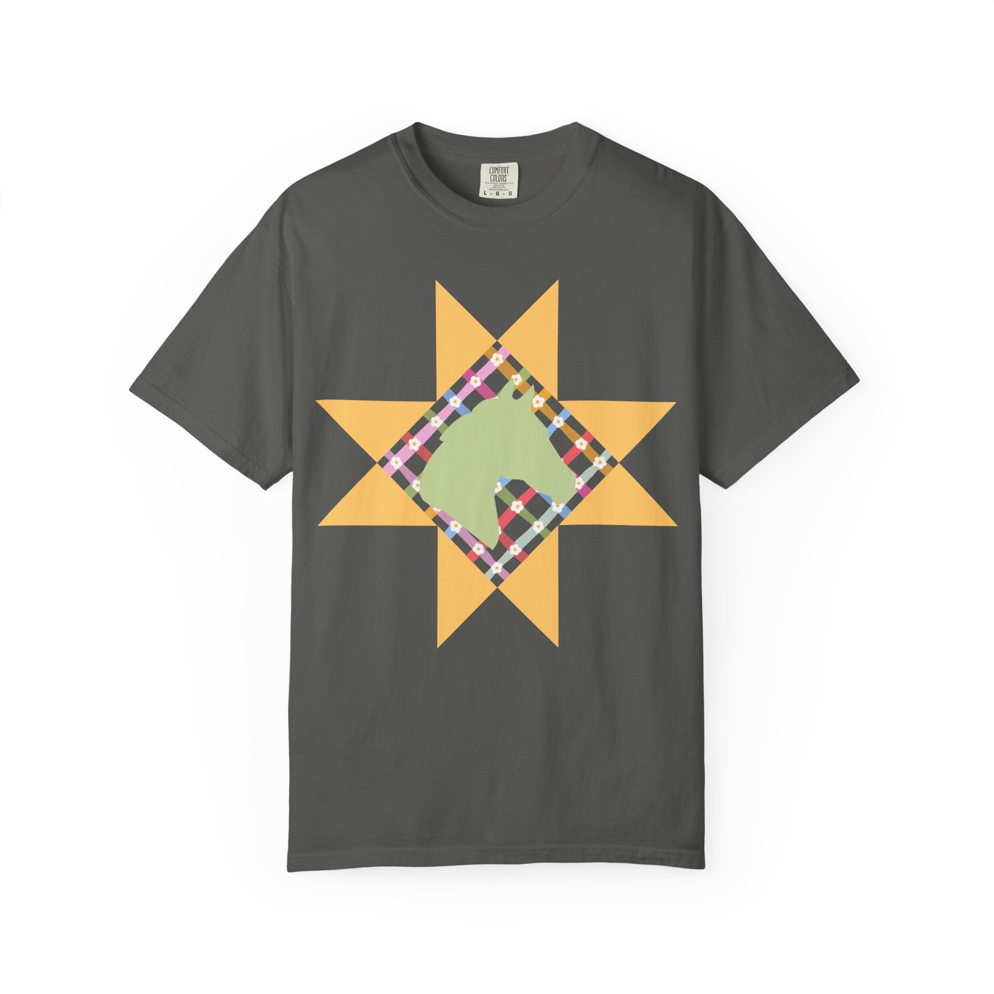 Starburst Quilt Horse Tee — Floral Patchwork Graphic T-Shirt