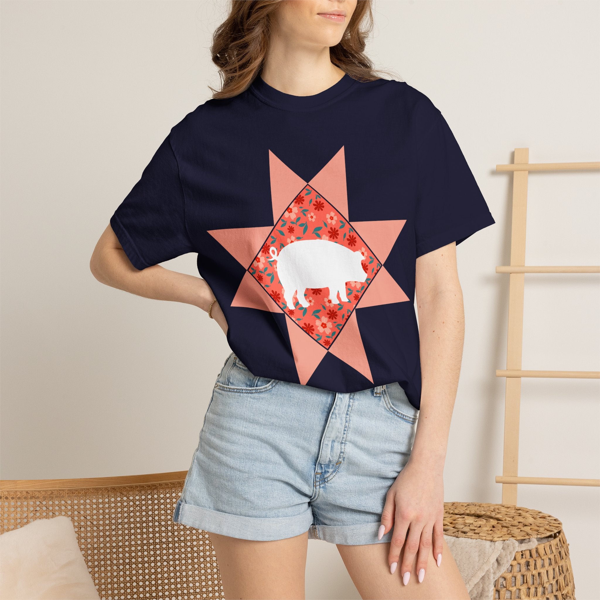 Pig Silhouette Star Quilting T-Shirt — Floral Farm Animal Tee