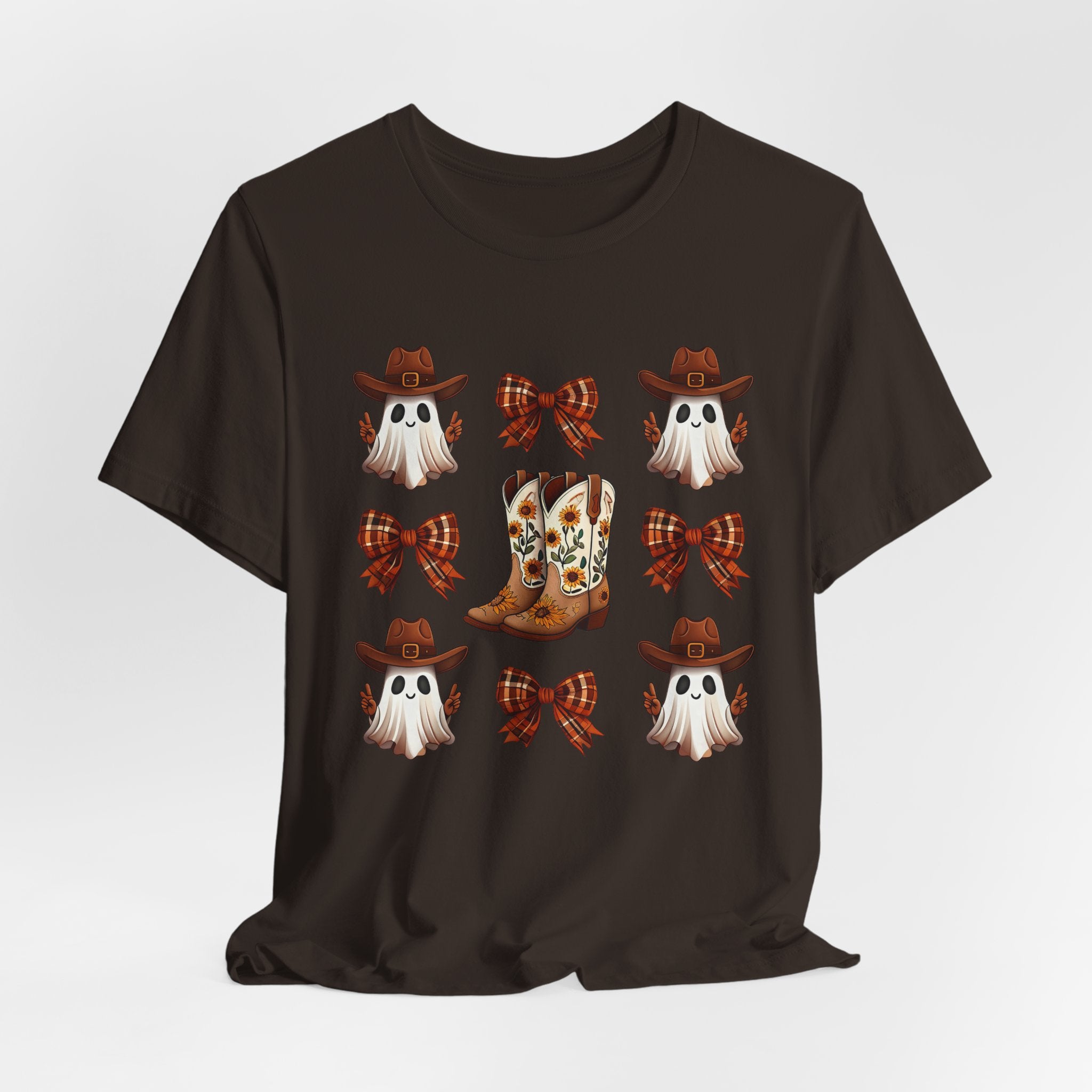 Cowgirl Fall Halloween Tee — Ghosts, Cowboy Boots & Plaid Bows Graphic T-Shirt