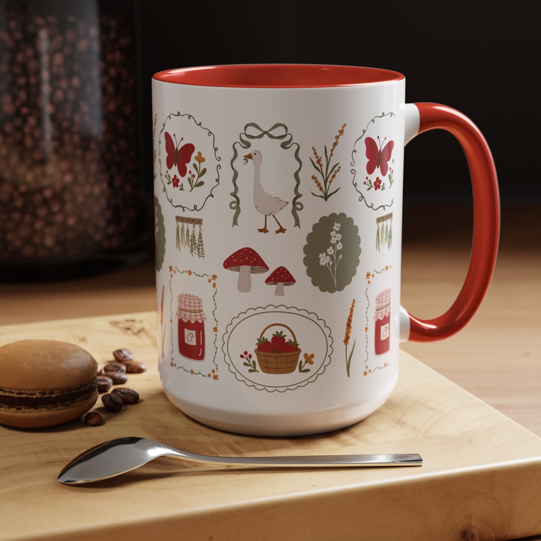 Floral Cottage Accent Coffee Mug — Pink Interior with Garden Icons (11/15 oz)
