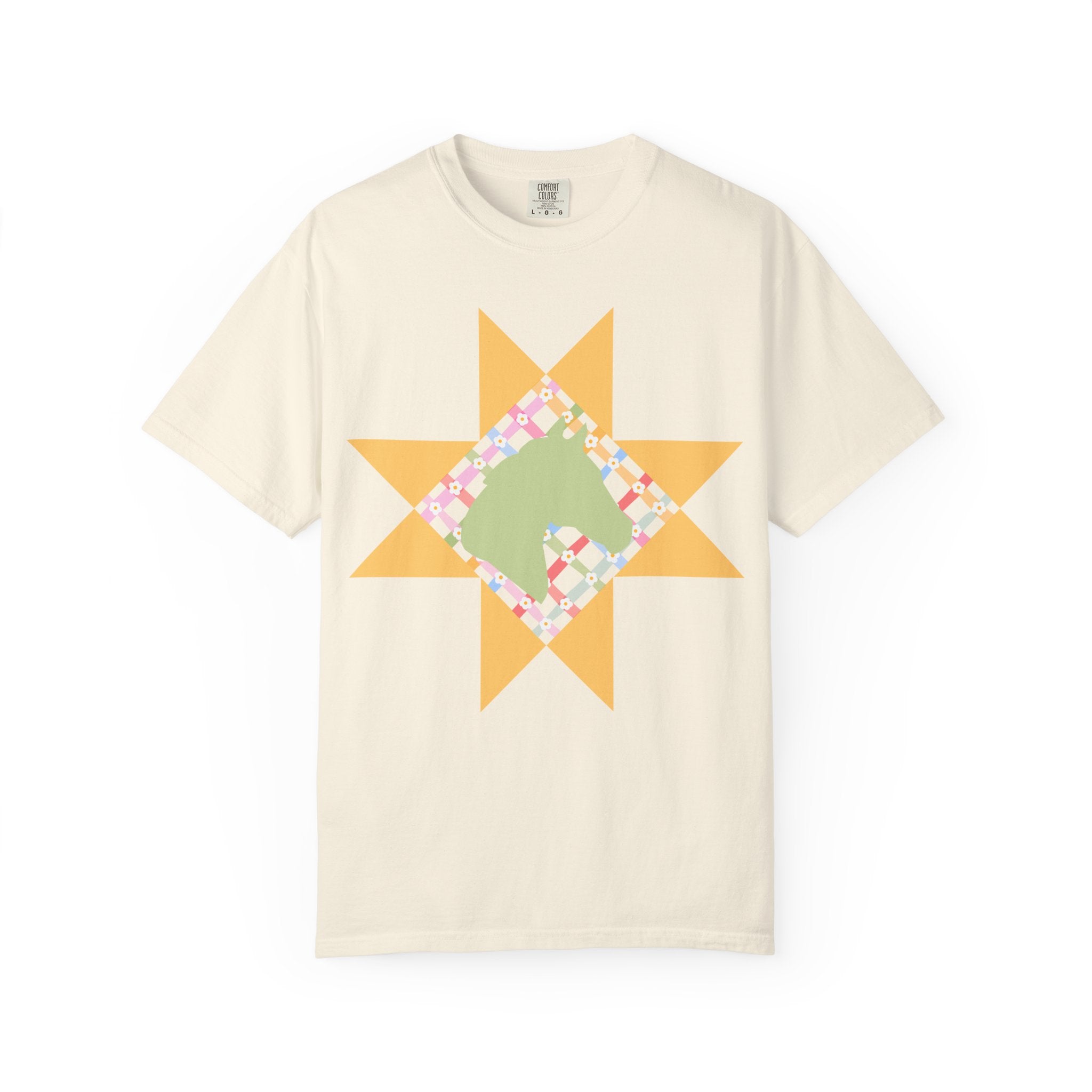 Starburst Quilt Horse Tee — Floral Patchwork Graphic T-Shirt