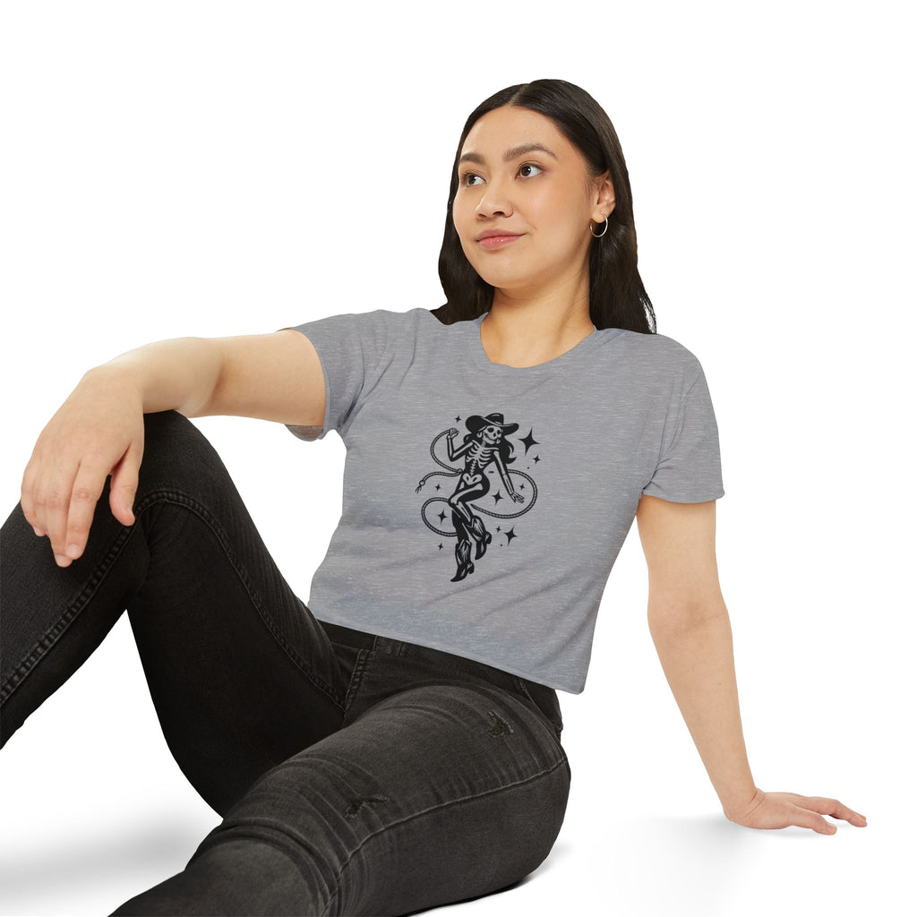 Skeleton Cowgirl Crop Top — Retro Western Festival Tee