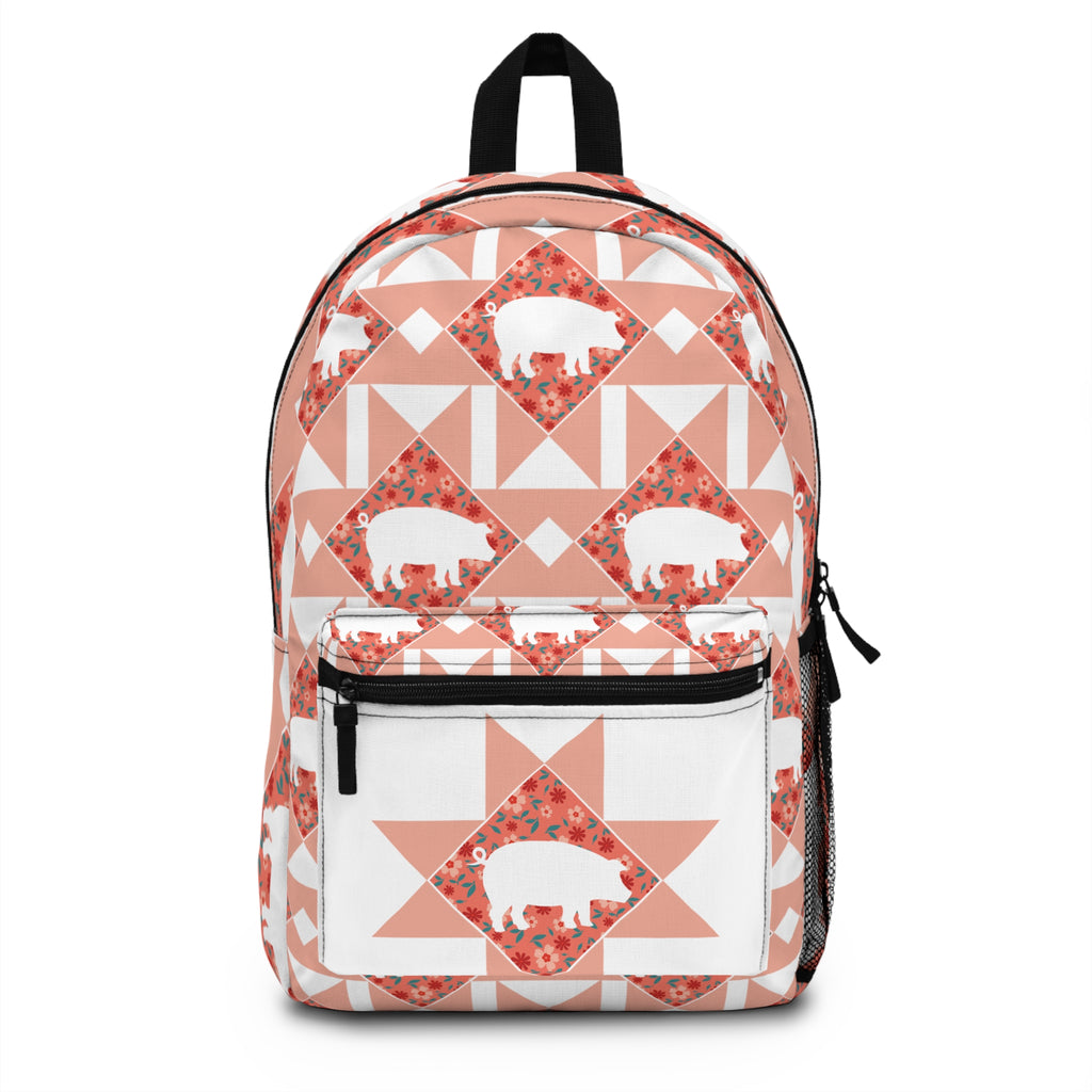 Floral Pig Quilt Pattern Backpack — Cute Geometric Animal Print Daypack