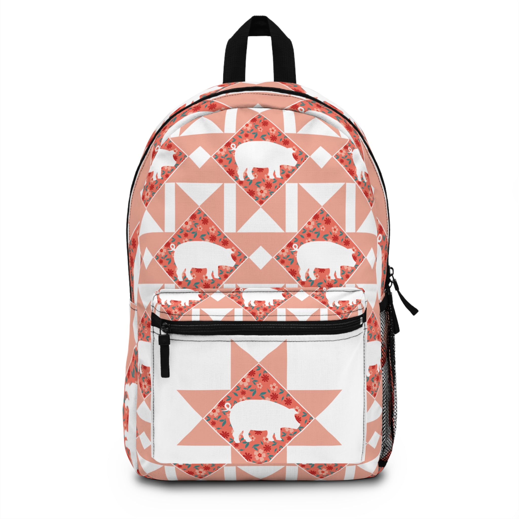 Floral Pig Quilt Pattern Backpack — Cute Geometric Animal Print Daypack