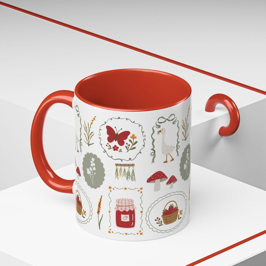 Floral Cottage Accent Coffee Mug — Pink Interior with Garden Icons (11/15 oz)