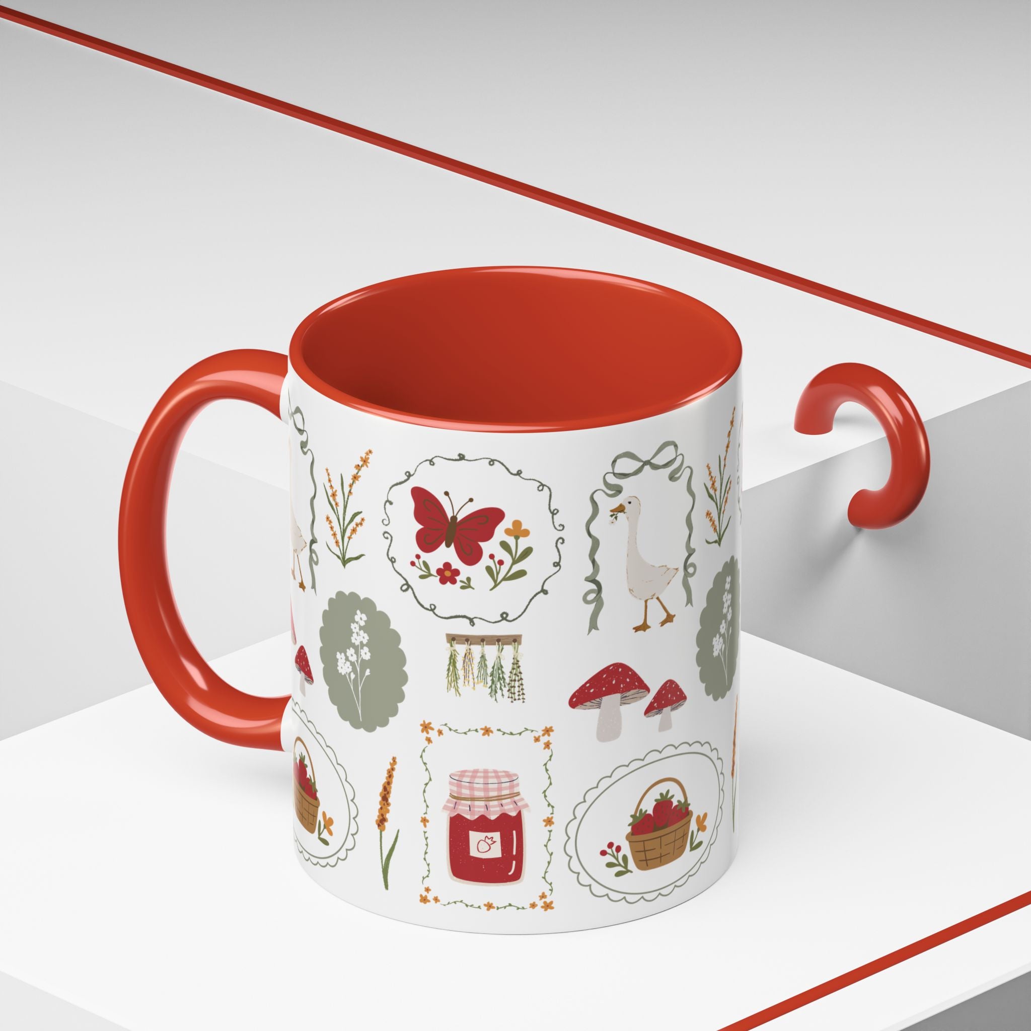 Floral Cottage Accent Coffee Mug — Pink Interior with Garden Icons (11/15 oz)
