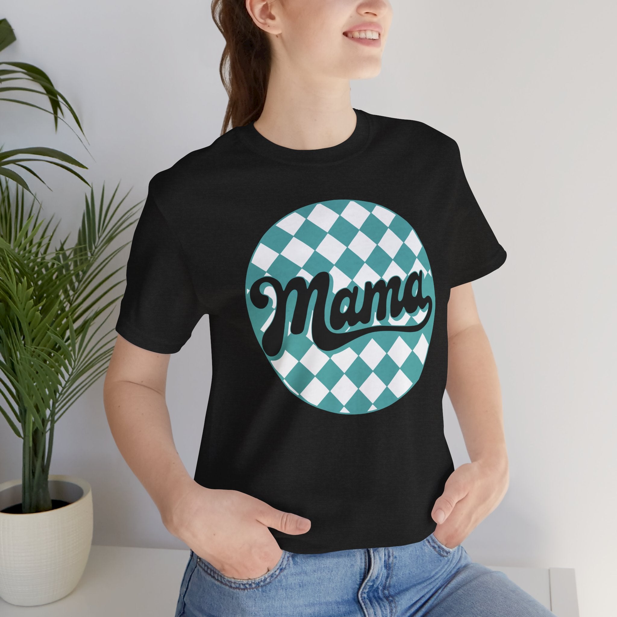 Mama Retro Checkerboard Tee — Vintage Script Mom T-Shirt