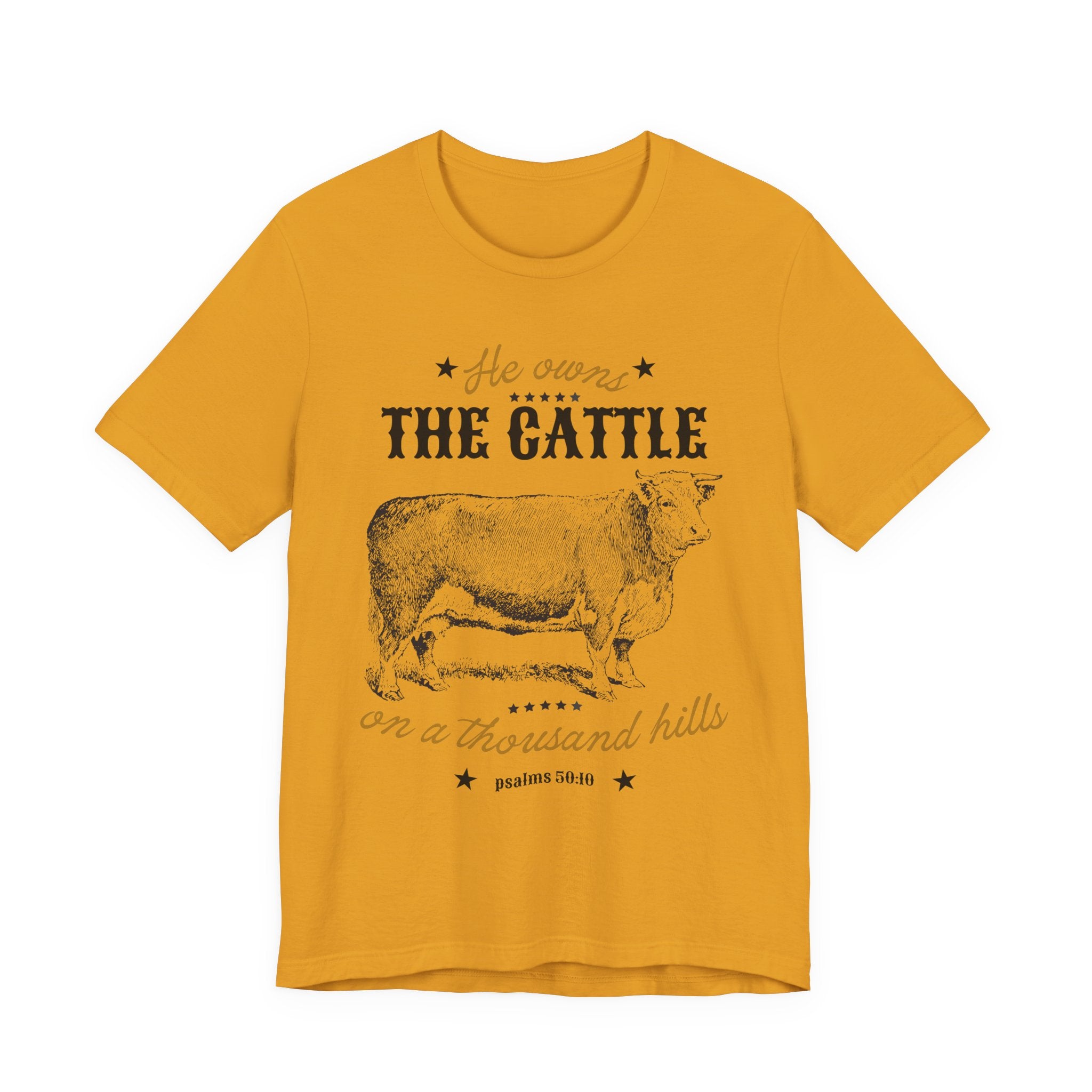 Vintage Cow Graphic Tee — "He Owns The Cattle" Rustic Farm Shirt (Psalm 50:10)