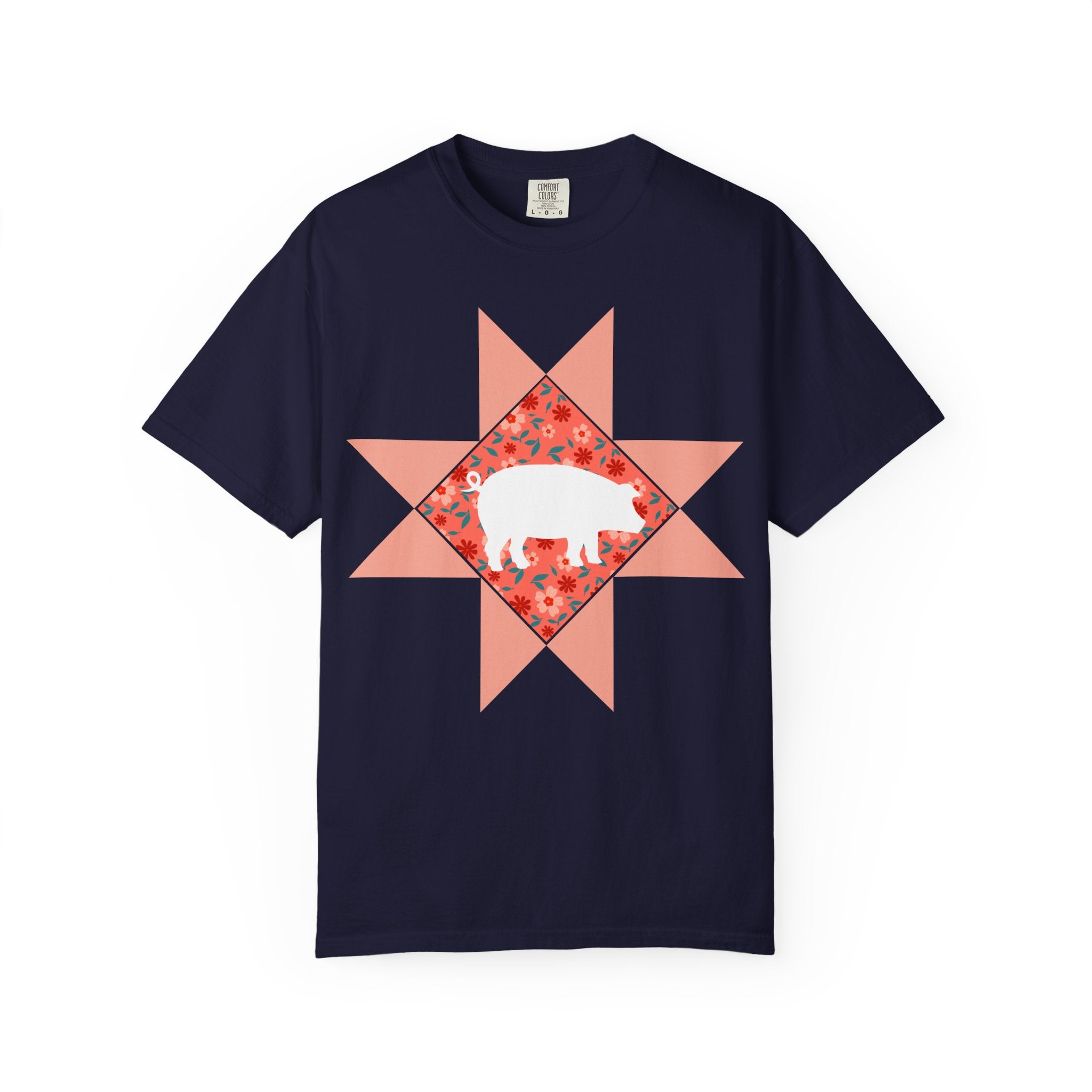 Pig Silhouette Star Quilting T-Shirt — Floral Farm Animal Tee
