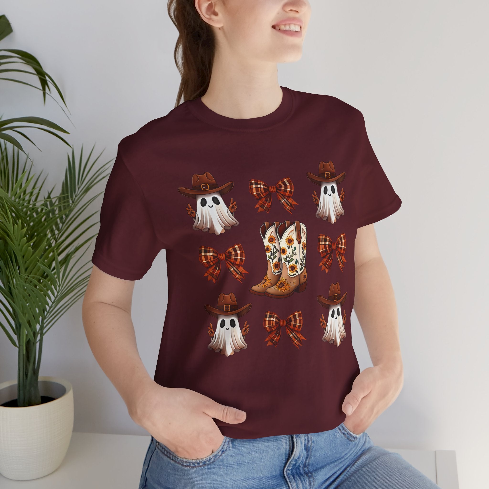 Cowgirl Fall Halloween Tee — Ghosts, Cowboy Boots & Plaid Bows Graphic T-Shirt