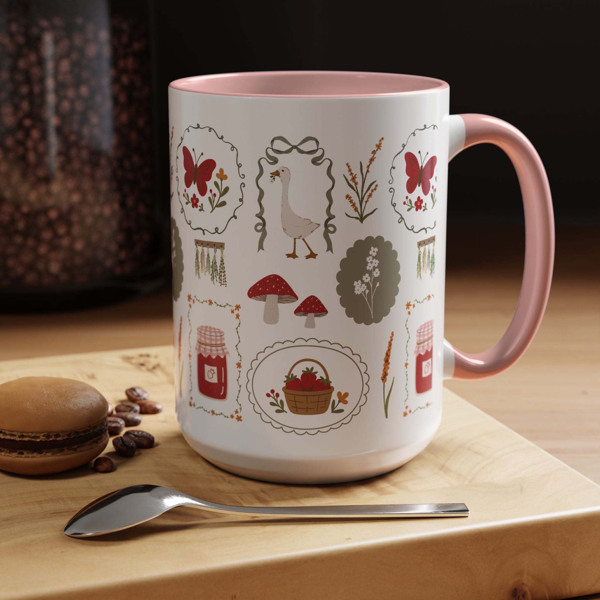Floral Cottage Accent Coffee Mug — Pink Interior with Garden Icons (11/15 oz)