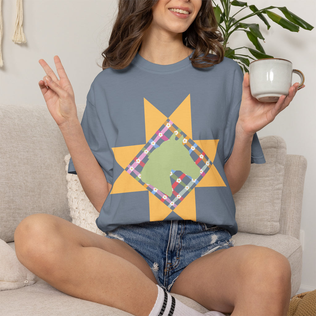 Starburst Quilt Horse Tee — Floral Patchwork Graphic T-Shirt