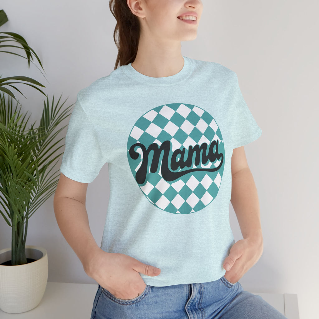 Mama Retro Checkerboard Tee — Vintage Script Mom T-Shirt