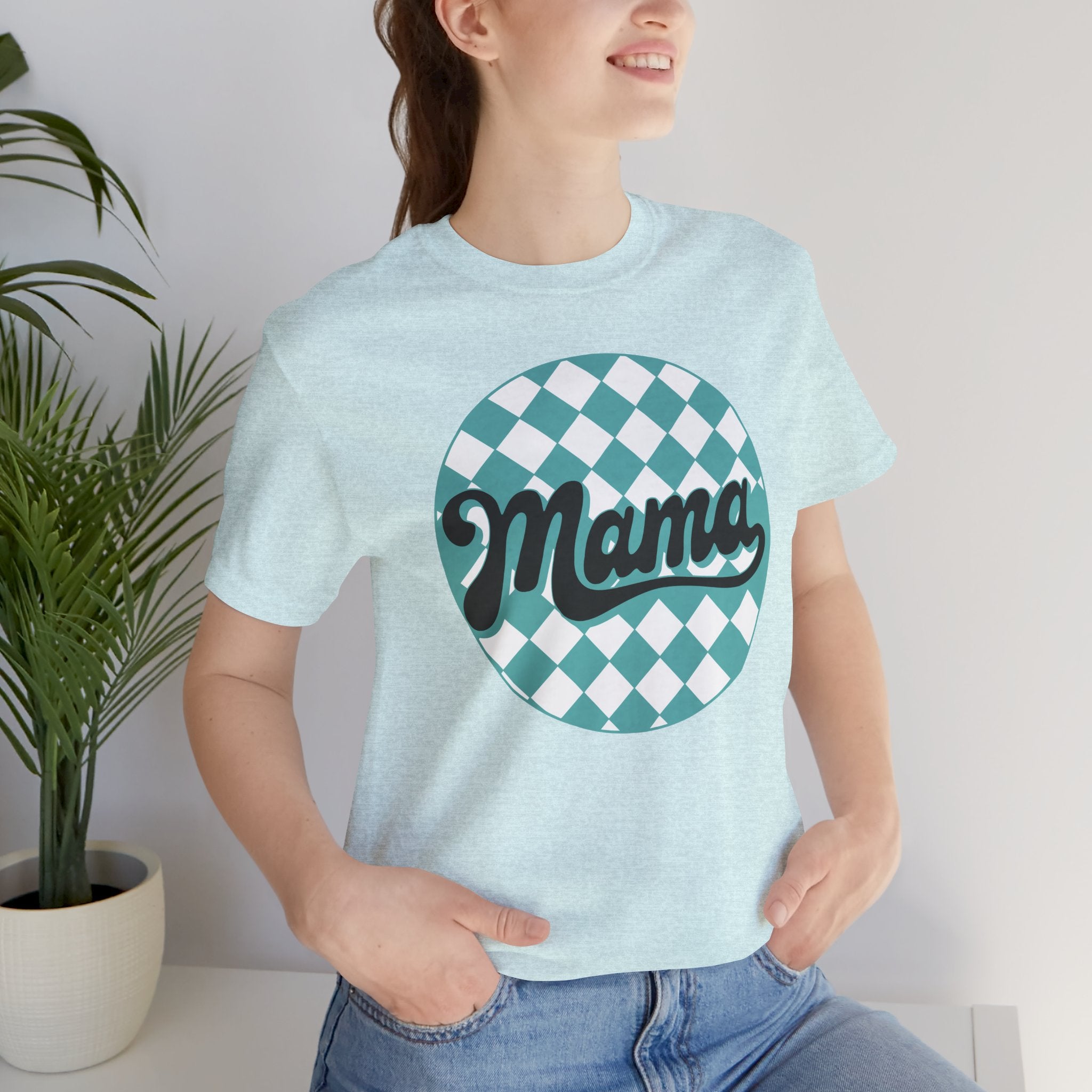 Mama Retro Checkerboard Tee — Vintage Script Mom T-Shirt