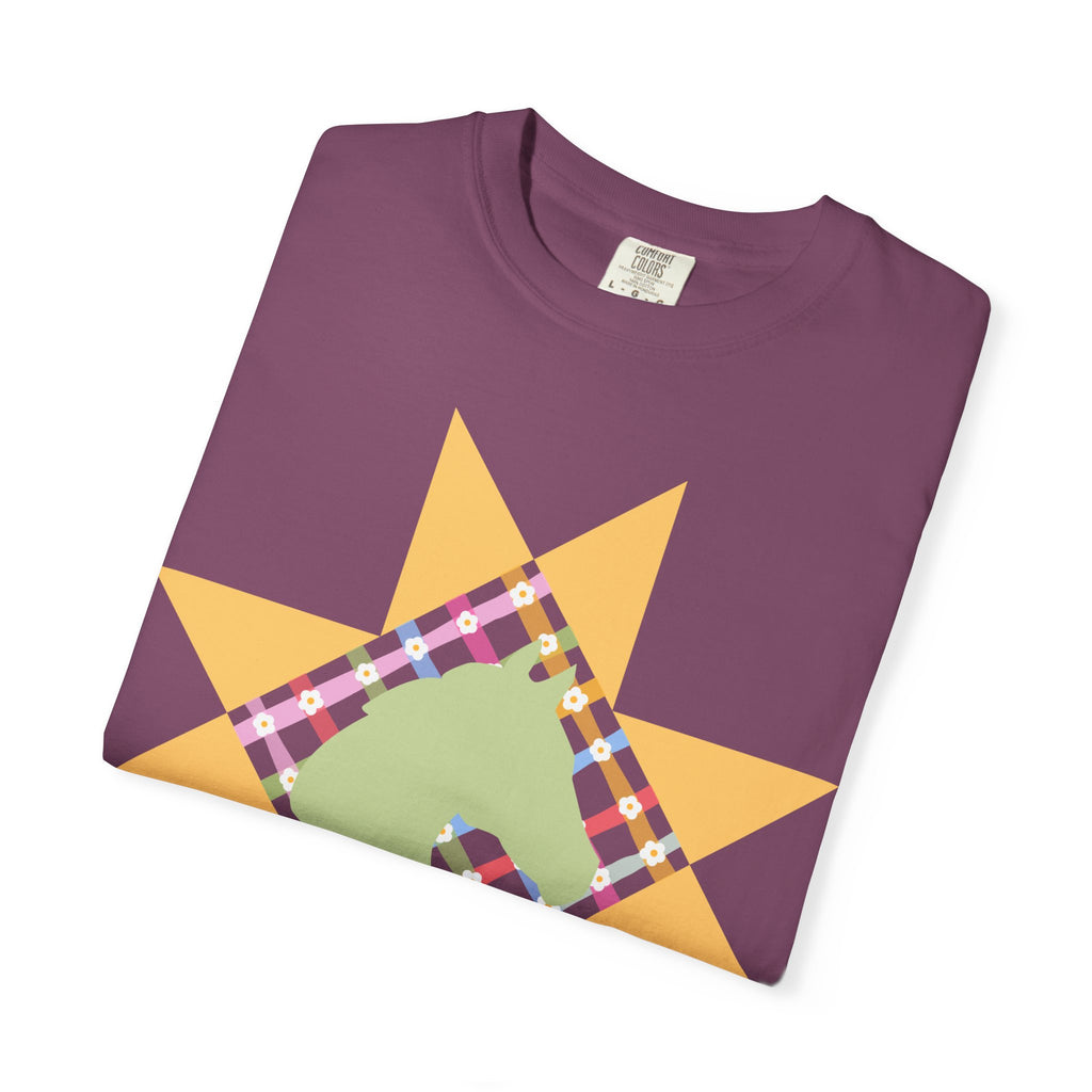 Starburst Quilt Horse Tee — Floral Patchwork Graphic T-Shirt