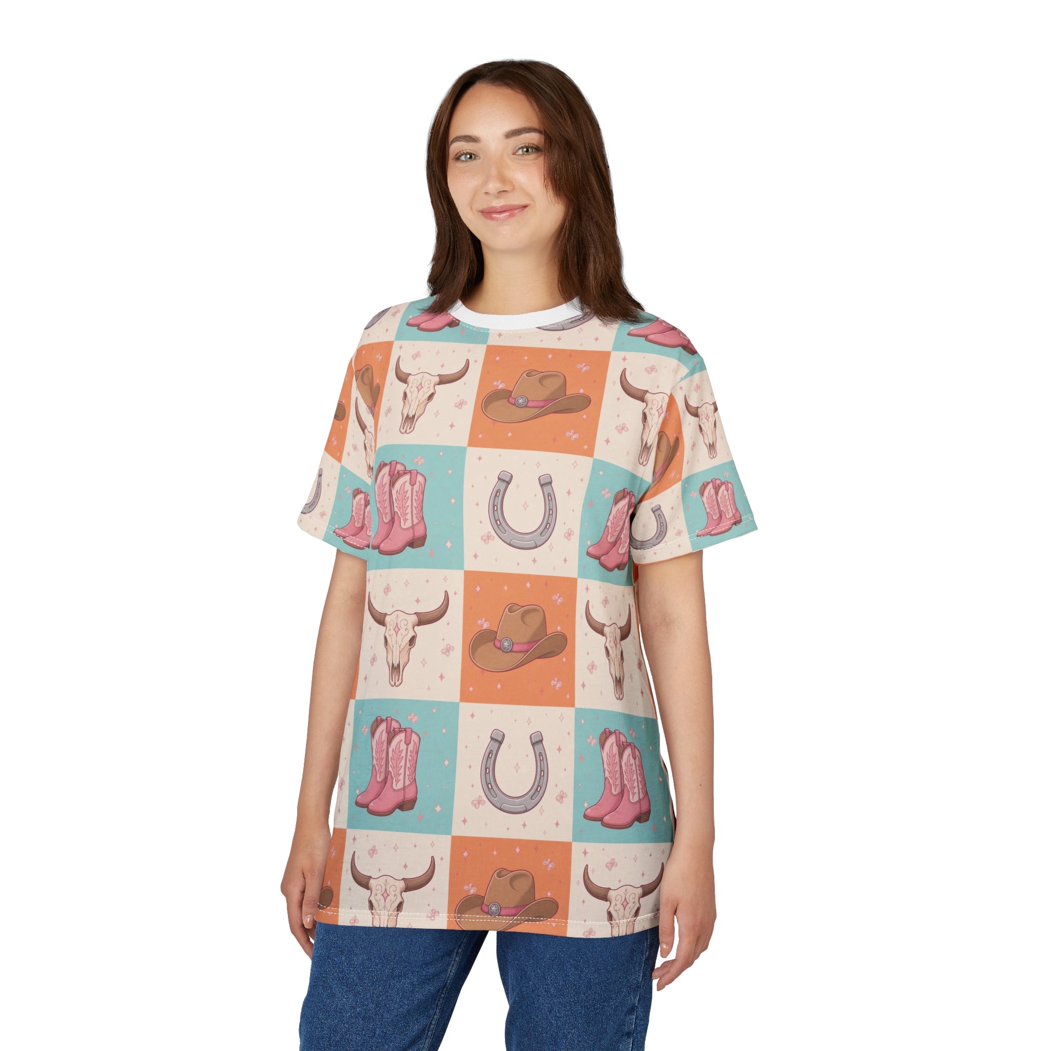 Western Patchwork All-Over Print Tee — Cowgirl Boots, Cowboy Hat & Horseshoe Design